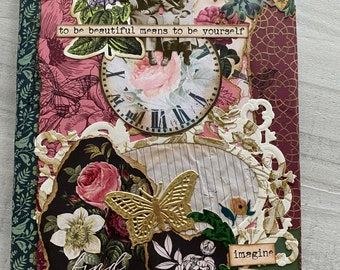 Be BRAVE and FLY collage composition notebook, junk journal, door, fairy, nature, Anna Griffin Inspired, whimsical, paper dolls