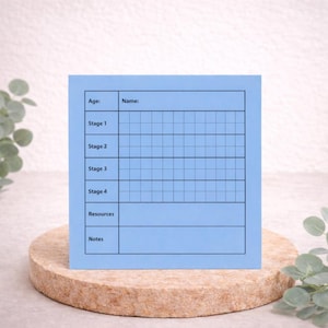 May include: A light blue planning sheet with black text. The sheet is divided into sections for age, name, stages 1-4, resources, and notes. The sheet is on a round, light brown stone.