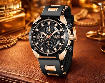 Mens Sport Watch Waterproof Chronograph Silicone Strap Luxury Quartz Wristwatch Gift for Him