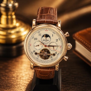 May include: A gold-tone wristwatch with a cream-coloured dial, featuring a moon phase indicator, a tourbillon movement, and Arabic numerals. The watch has a brown leather strap with a crocodile-embossed texture and includes the text KINYUED 1986.