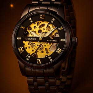 Könnte beinhalten: Schwarze Armbanduhr mit Skelettzifferblatt, das die inneren Mechanismen zeigt. Die Uhr hat goldfarbene Zahnräder und Zeiger, römische Ziffern als Stundenmarkierungen und die Texte "ADEVICALS" und "ACCIS CRITGH" auf dem Zifferblatt. Das Armband ist ebenfalls schwarz.