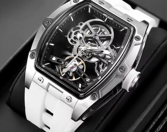 Men's Skeleton Automatic Watch, Stainless Steel, Silicone Band, Waterproof Mechanical Wristwatch