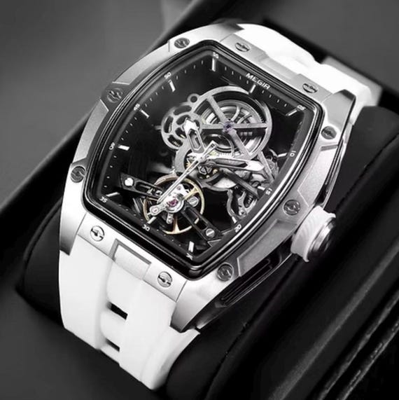 Men's Skeleton Automatic Watch, Stainless Steel, Silicone Band, Waterproof Mechanical Wristwatch