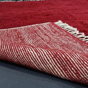 Pu&ograve; includere: Primo piano di un tappeto rosso con un motivo a righe bianche sul lato inferiore. Il tappeto ha una consistenza spessa e morbida e una frangia lungo il bordo. Il tappeto &egrave; ripiegato, rivelando il motivo a contrasto.