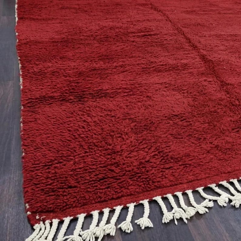 Pu&ograve; includere: Un tappeto rosso intenso con una superficie strutturata e una frangia di nappe bianche su un bordo. Il colore rosso intenso e la consistenza morbida del tappeto creano un'atmosfera accogliente. Ideale per l'arredamento.