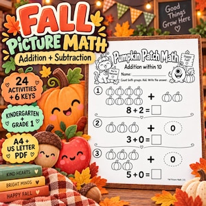 Könnte beinhalten: Ein herbstliches Mathe-Arbeitsblatt mit Additionsaufgaben und Kürbis-Illustrationen. Die Seite enthält eine Katze, ein Monster, den Titel Pumpkin Patch Math und drei Rechenaufgaben. Das Arbeitsblatt ist von herbstlichen Dekorationen umgeben.