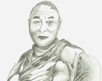 Dalai Lama Portrait Original Pencil Drawing Buddhist Monk Drawing His Holiness Wall Art Meditation Room