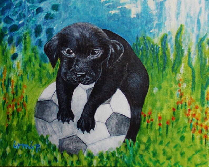 Original Puppy Dog Painting Black Labrador Painting Black Lab Puppy Painting Acrylic Painting on Canvas