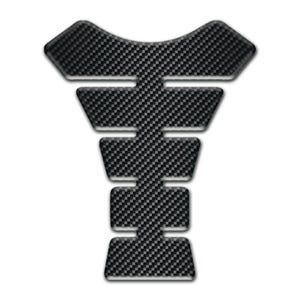 May include: A black and grey carbon fibre motorcycle tank protector. The protector has a textured, woven pattern and a unique shape designed to fit the contours of a motorcycle fuel tank. The design is a series of connected, geometric shapes.