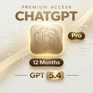 Peut inclure: Graphique doré promouvant "Premium Access ChatGPT" avec le logo ChatGPT. L'image comprend le texte "Pro", "12 Months" et "GPT 5.4" sur un fond clair avec des lignes en forme de circuits.
