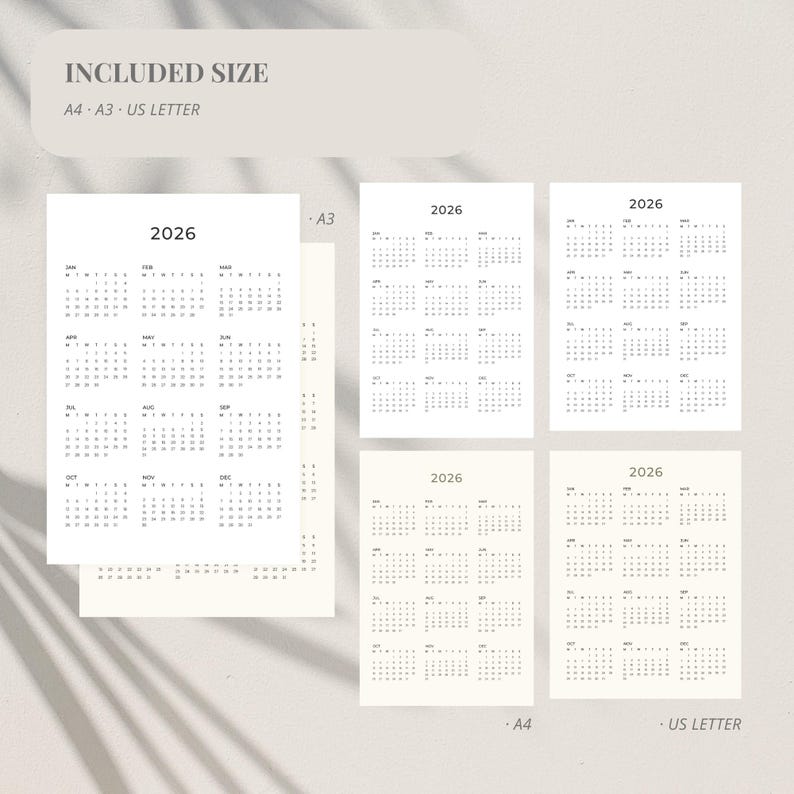 2026 Year at A Glance Calendar Printable Minimal Wall Calendar for ...