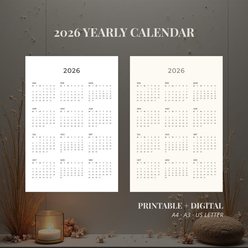 2026 Year at A Glance Calendar Printable Minimal Wall Calendar for ...