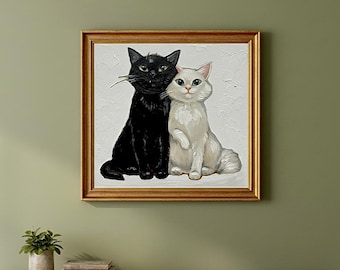 猫のカップルのアートプリント、白黒、ロマンチックなイラスト