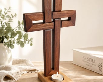 Infinity Cross Candle Holder | Freestanding Wooden Cross | Christian Home Decor | Faith Gift | Religious Table Decor