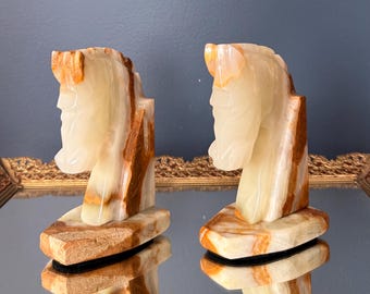Vintage Onyx Trojan Horse Head Bookends, Pair, Cream & Rust Banded
