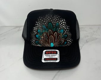 Feather Trucker Hat with Turquoise Stone and Blue Accent Feathers, Stagecoach, Rodeo, Western Fashion, Black