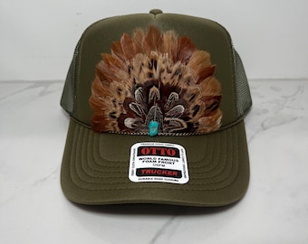 Feather Trucker Hat with Turquoise Stone, Stagecoach, Rodeo, Festival Fashion, Olive Green