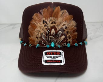 Feather Trucker Hat with Turquoise Stone WITH Beaded Hat Chain, Stagecoach, Rodeo, Festival Fashion, Brown
