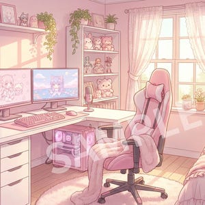 Kawaii Gamer Girl Room: Pink Anime VTuber Background (8-Pack Digital Download)