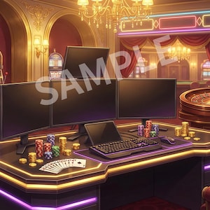 Puede incluir: Ilustración de un interior de casino con máquinas tragamonedas, una ruleta y una mesa de juego. La mesa cuenta con una computadora portátil, teclado, ratón, fichas de póquer y naipes. La habitación está decorada con cortinas rojas, candelabros y luces de neón.