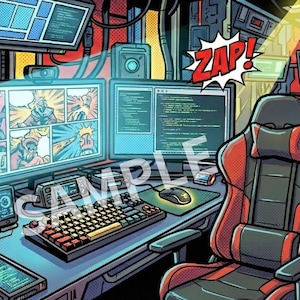Könnte beinhalten: Comic-Stil-Illustration eines Gaming-Setups mit mehreren Monitoren, die Code und Comic-Panels anzeigen. Ein roter und schwarzer Gaming-Stuhl steht vor dem Schreibtisch. Der Text enthält "SECRET BASE", "CLICK!", "ZAP!", "POWER UP!" und "GAMING ZONE".