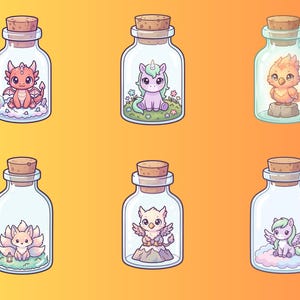 Puede incluir: Seis botellas de vidrio con tapones de corcho, cada una con una criatura de dibujos animados diferente. Las criaturas incluyen un dragón rojo, un unicornio, un fénix, un zorro de nueve colas, un grifo y un pegaso. Fondo degradado de amarillo a naranja.
