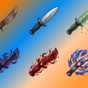 May include: Six fantasy daggers with unique designs. One is rusty with a wooden handle, another has a skull on the handle, and a third has green slime. Other daggers have flames, purple energy, and a galaxy design.