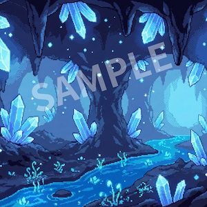 Könnte beinhalten: Pixel-Art-Illustration einer Höhle mit leuchtenden blauen Kristallen und einem fließenden Fluss. Die Höhlenwände sind dunkelblau und die Kristalle leuchten hellblau. Das Wort "SAMPLE" ist über das Bild geschrieben.