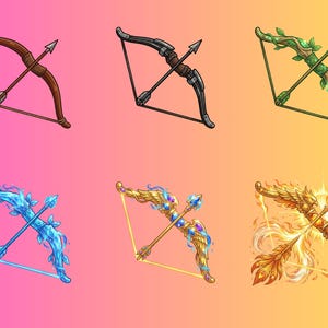 May include: Six fantasy-themed bows with arrows, each with a unique design. The bows include a brown wooden bow, a black bow, a green bow with leaves, a blue ice bow, a gold bow with gems, and a fiery gold bow.