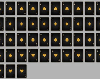 May include: A complete deck of fifty-two playing cards arranged in a grid. Each card features a matte black background with gold-coloured suit symbols and rank indicators in the corners, displaying spades, diamonds, clubs, and hearts.