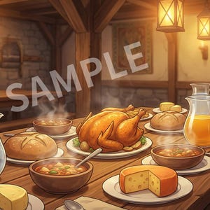 May include: A digital illustration of a medieval feast set on a wooden table. The table is laden with a roasted chicken, bread, soup, cheese, and fruit pies. The word "SAMPLE" is visible in the image.