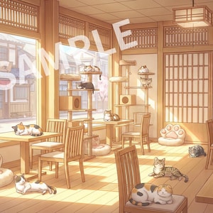 Può includere: Illustrazione di un interno di un cat café con mobili in legno, tiragraffi e diversi gatti che si rilassano. La scena è immersa in una luce calda, con una grande finestra che si affaccia su una strada con alberi di ciliegio in fiore. La parola "SAMPLE" è visibile.