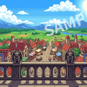 May include: Pixel art illustration of a medieval town scene, viewed from a stone balcony with gargoyle statues. The town features red-roofed buildings, market stalls, and a river winding through the valley under a bright sun and blue sky.