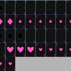 May include: A collection of playing cards with a black background. The suits are spades, diamonds, clubs, and hearts, with pink and teal accents. The cards are arranged in a grid, showcasing various values.