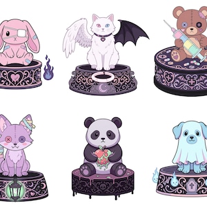 May include: Six cartoon figures: a pink bunny with an eye patch, a white cat with wings and a bat wing, and a brown teddy bear with a syringe. Other figures include a purple fox, a panda, and a blue puppy wearing a ghost sheet. Each sits on a decorative base.