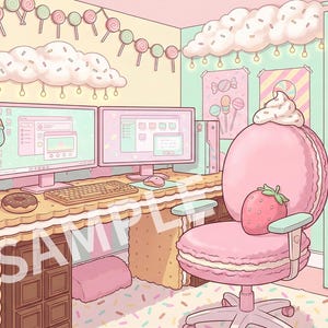 Könnte beinhalten: Eine Illustration eines Zimmers mit Dessert-Thema. Der Schreibtisch ist als riesiger Keks gestaltet, und der Stuhl hat die Form eines Macarons mit einer Erdbeere. Regale sind mit Cupcakes und Süßigkeiten gefüllt. Die Wände sind mit Süßigkeiten- und Wolkenmotiven dekoriert.