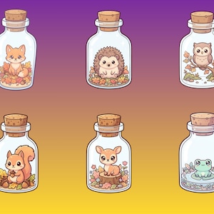 May include: Six glass bottles with cork stoppers, each containing a different cartoon animal and autumn leaves. The animals include a fox, hedgehog, owl, squirrel, deer, and frog. The bottles are set against a gradient background of purple, orange, and yellow.