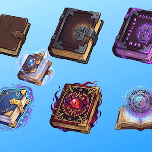 May include: A collection of illustrated fantasy books with various designs. The books feature leather covers, metal clasps, and magical symbols. Some books have glowing effects, and one has an open page with a glowing symbol.