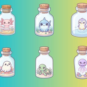 Puede incluir: Seis botellas de vidrio con tapones de corcho, cada una con una criatura marina de dibujos animados. Las criaturas incluyen un ajolote, un tiburón, un pingüino, una foca, una tortuga y una medusa. Fondo degradado.