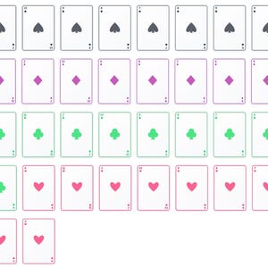 May include: A collection of playing cards arranged in rows. The cards feature suits of spades, diamonds, clubs, and hearts in black, purple, green, and pink. Each card has a white background with the suit symbol in the center.