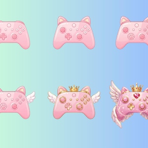 May include: A collection of six pink game controllers with cat ear designs. Some controllers have wings and crowns, while others feature paw prints on the buttons. The controllers are set against a gradient blue and green background.