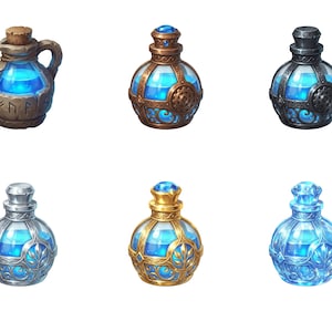 May include: Six fantasy potion bottles with blue liquid. The bottles have various designs, including metal filigree, gemstones, and cork stoppers. One bottle has runes carved into it. The bottles are in shades of brown, silver, gold, and black.