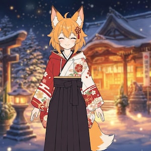May include: An anime-style illustration of a fox-eared character in a traditional Japanese outfit, a red and white kimono, and a black hakama. The character is smiling in front of a snowy shrine with lanterns.