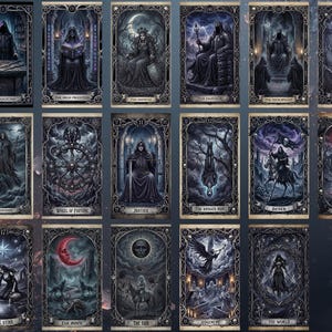 May include: A collection of twenty-two tarot cards, each featuring gothic illustrations in shades of gray, black, and blue. The cards depict figures and scenes with ornate borders, including The Fool, The Magician, and The High Priestess.