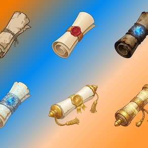 May include: Six scroll illustrations with varying designs. One is tied with twine, another sealed with a red wax stamp. Others feature blue gems, gold accents, and tassels. The scrolls are on a gradient blue and orange background.