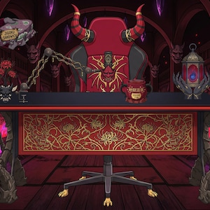 Può includere: Illustrazione di un cartone animato di una scrivania rossa e nera con una sedia abbinata, decorata con oggetti a tema demoniaco. Una tazza con testo giapponese, una lanterna e un panino sono sulla scrivania. Lo sfondo presenta maschere di demoni e fiamme.