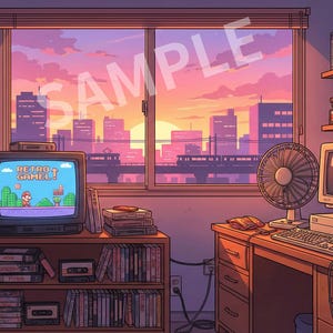 May include: An illustration of a retro gaming room with a sunset view. A vintage TV displays a video game. Bookshelves are filled with books and figurines. A computer, fan, and desk complete the scene.