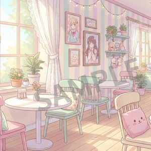 Kawaii Maid Cafe VTuber Hintergrund: Pastell Anime Bäckerei Overlay (8er-Pack)
