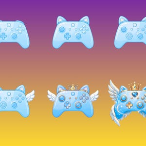 May include: Light blue game controllers with cat ear designs. Some controllers have wings and crowns. The controllers have buttons and directional pads. The background has a gradient of purple, orange, and yellow.