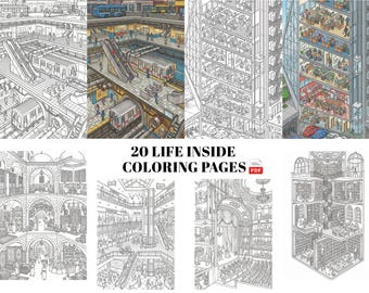 May include: A collection of 20 coloring pages featuring detailed illustrations of various scenes, including a subway station, office building, and shopping mall. The title "20 LIFE INSIDE COLORING PAGES" is displayed prominently.